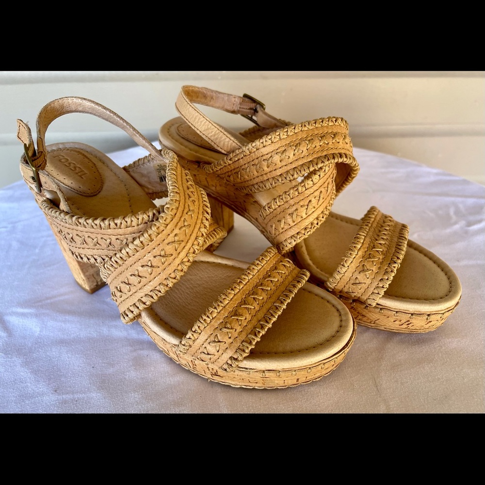 Leather & Cork Strappy Heeled Platform Sandals by Fossil